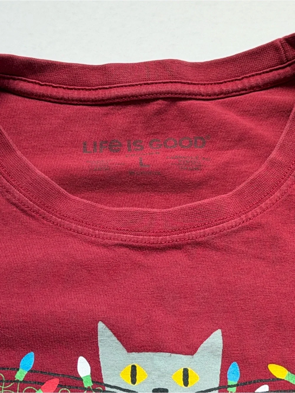 Life is Good Women’s Large Christmas Cat Lights Long Sleeve Shirt Red Holiday
